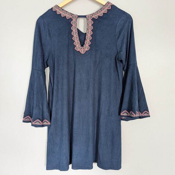THML Women's Pink Embroidered Navy Tunic Mini Dress Bell Sleeve size MP - Picture 5 of 6